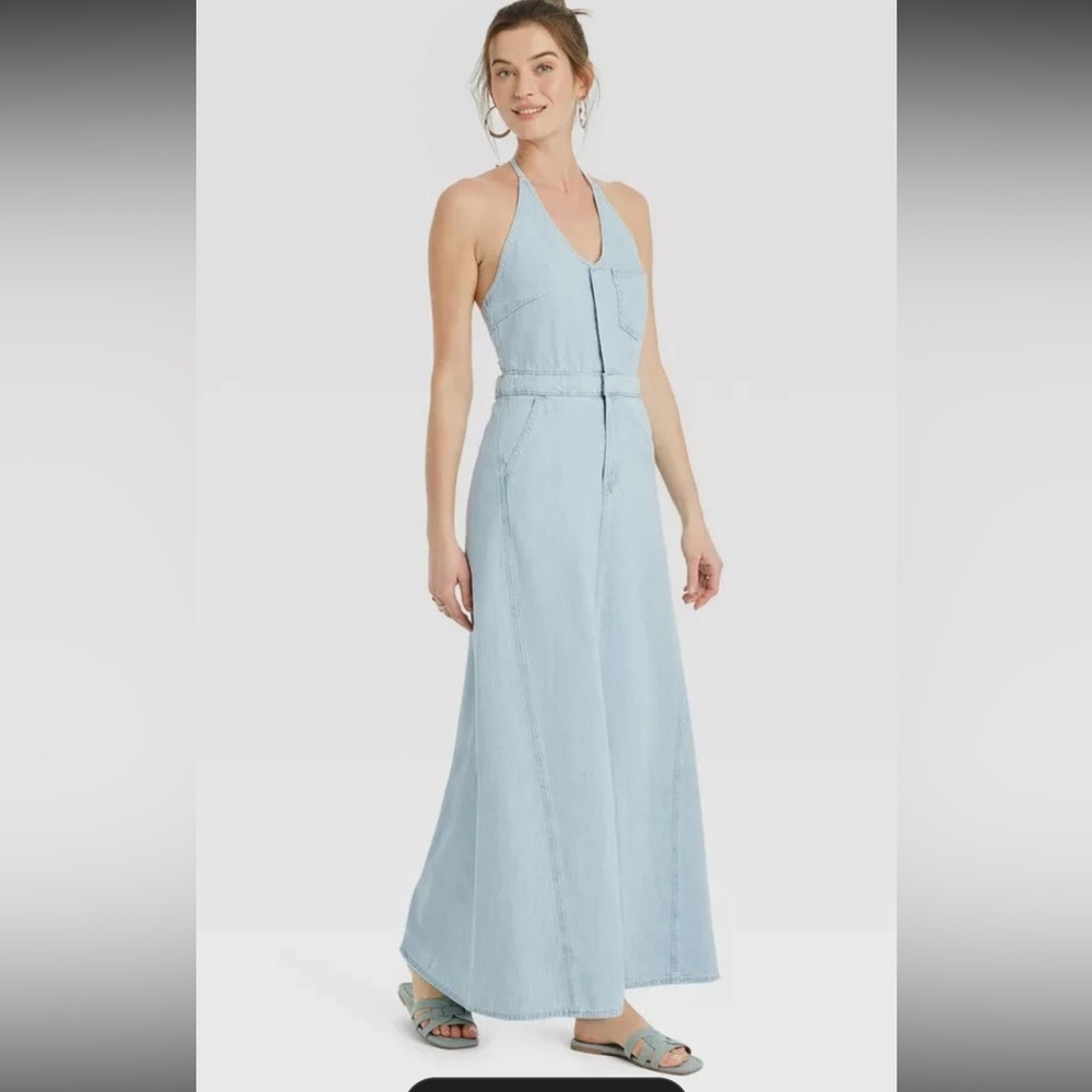 Universal Thread Light Wash Denim Halter Maxi Dress size 16